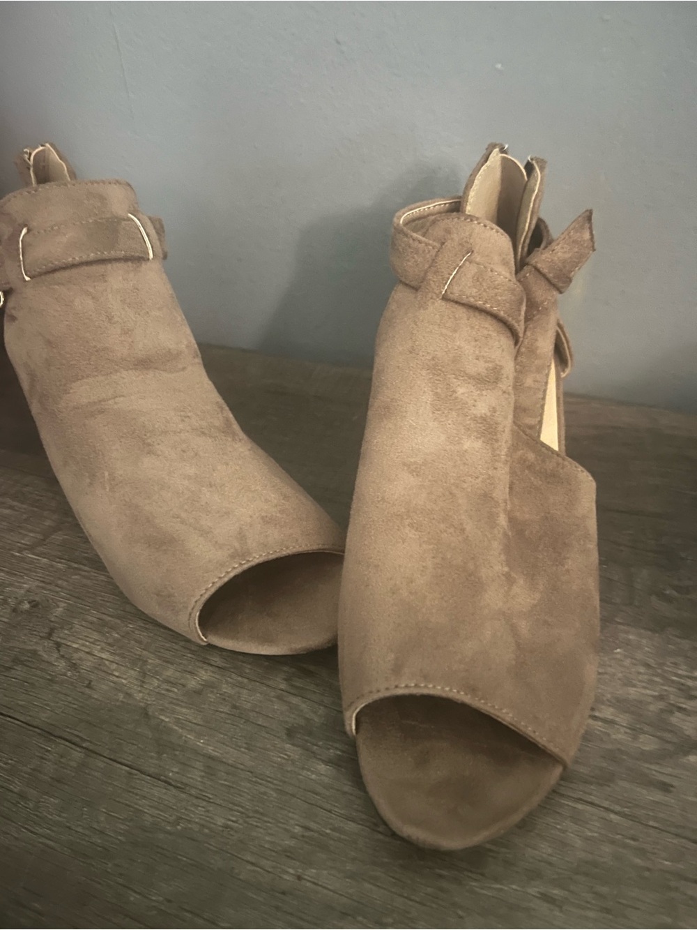 Women’s Taupe Suede Peep-Toe Ankle Boots